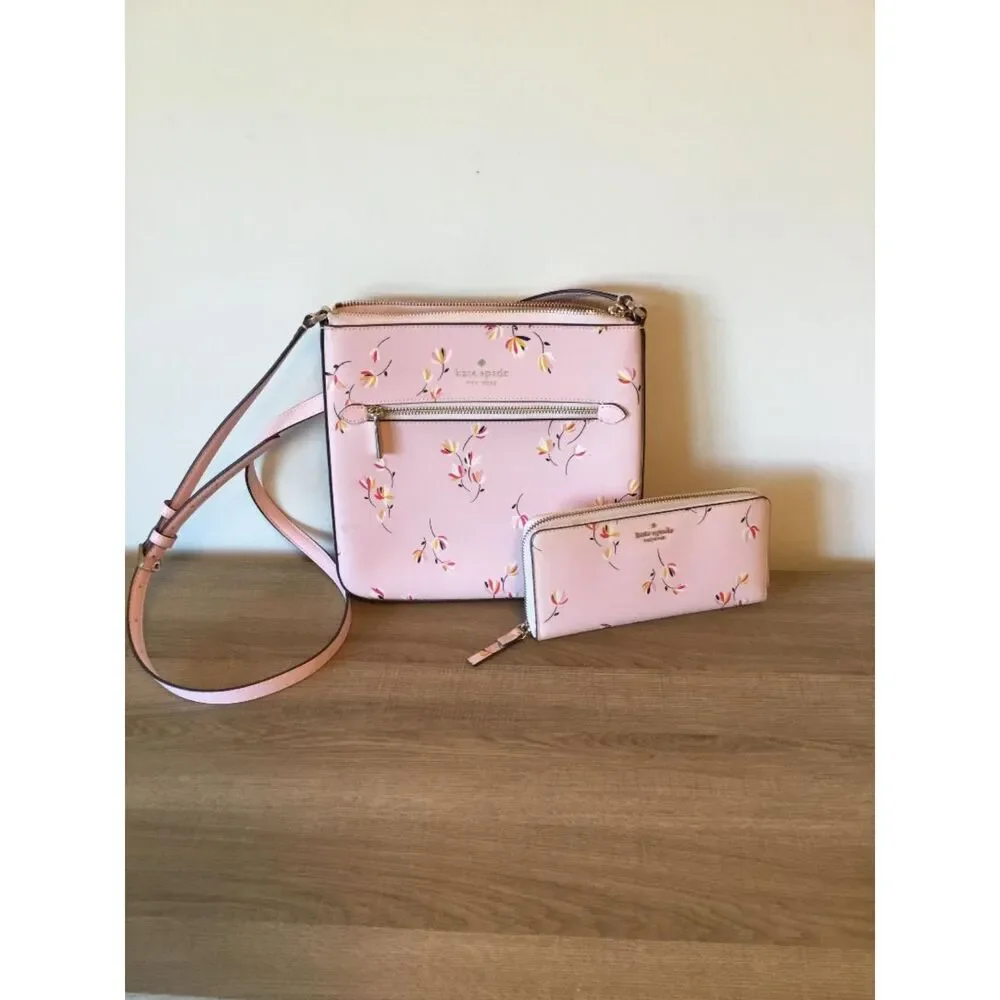 Kate Spade Sadie Saffiano Leather Crossbody Bag & Wallet Pink Floral Print